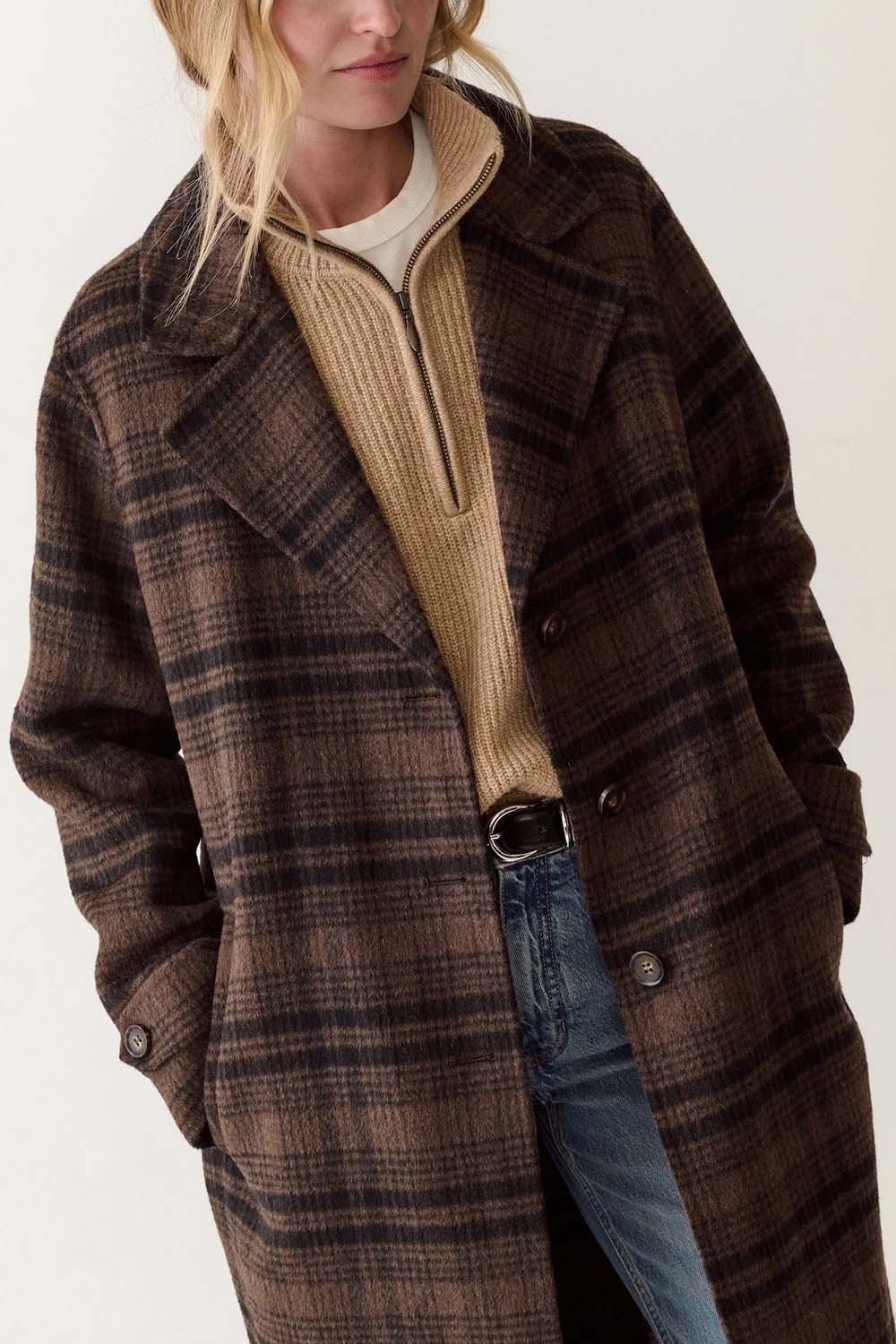 Marine Layer Colette Wool Plaid Topcoat in Brown/Black Plaid — Front view