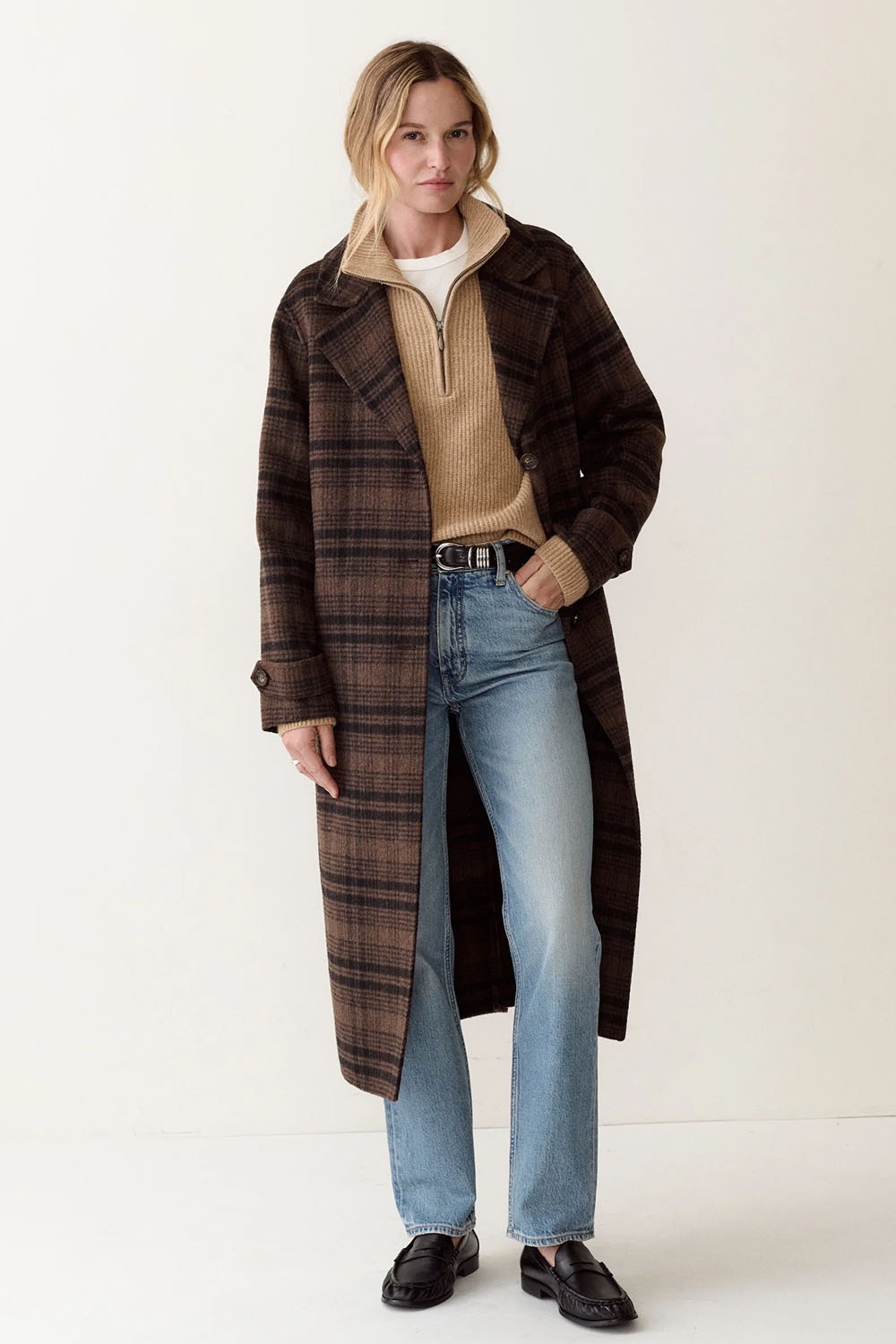 Marine Layer Colette Wool Plaid Topcoat in Brown/Black Plaid — Full-body view