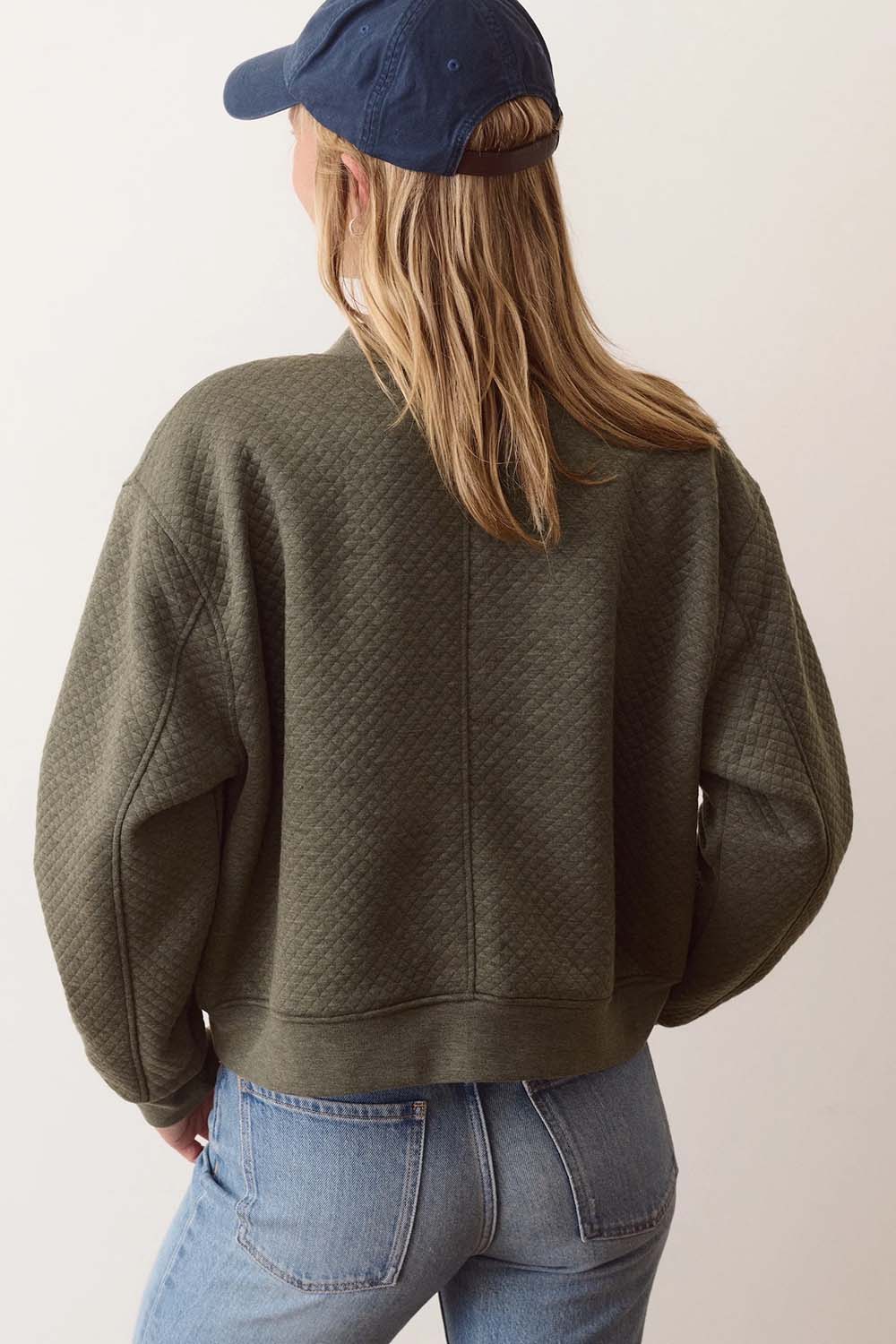 Marine Layer Corbet Quilted Bomber in Olive Heather — Back view