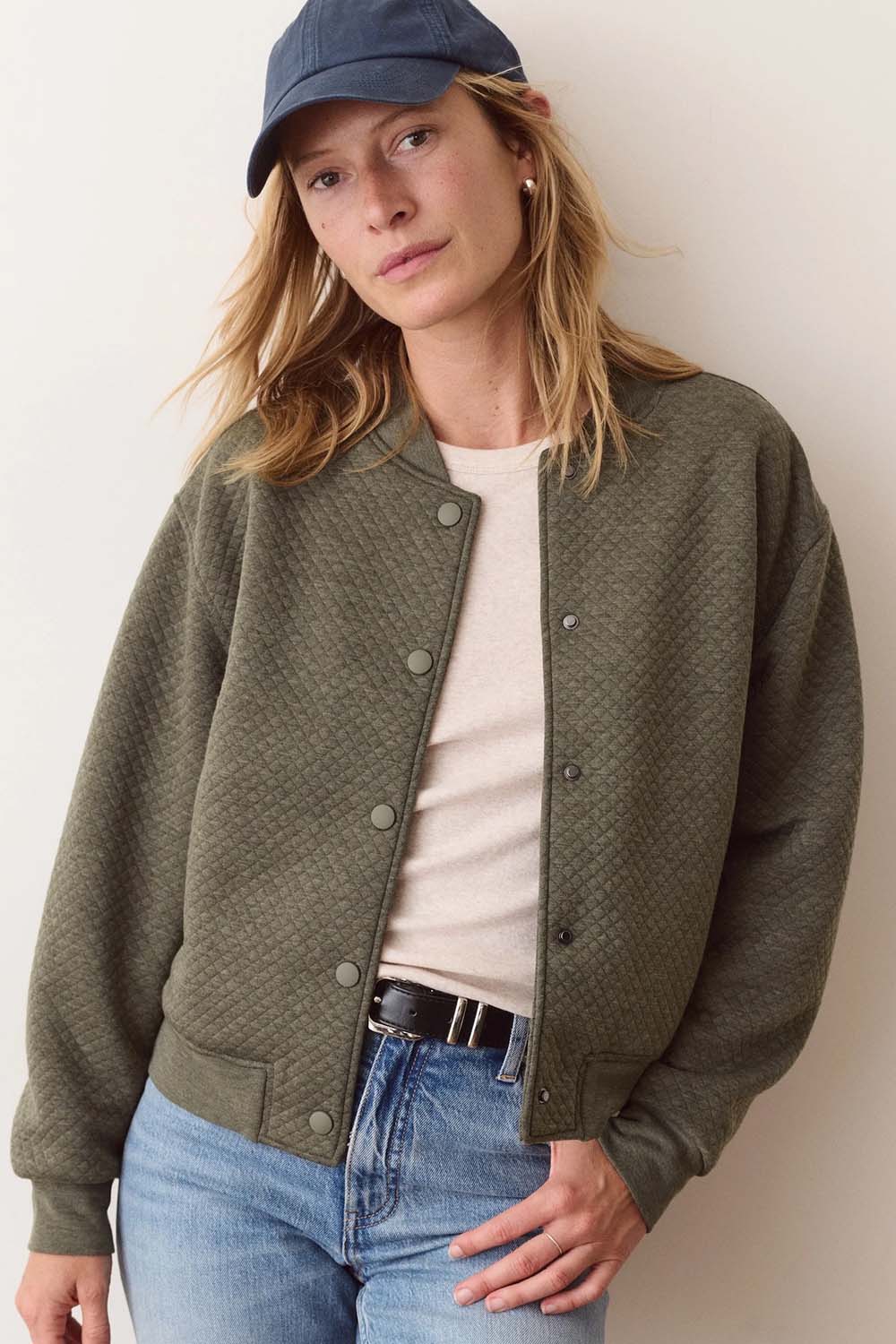 Marine Layer Corbet Quilted Bomber in Olive Heather — Quilted texture detail view