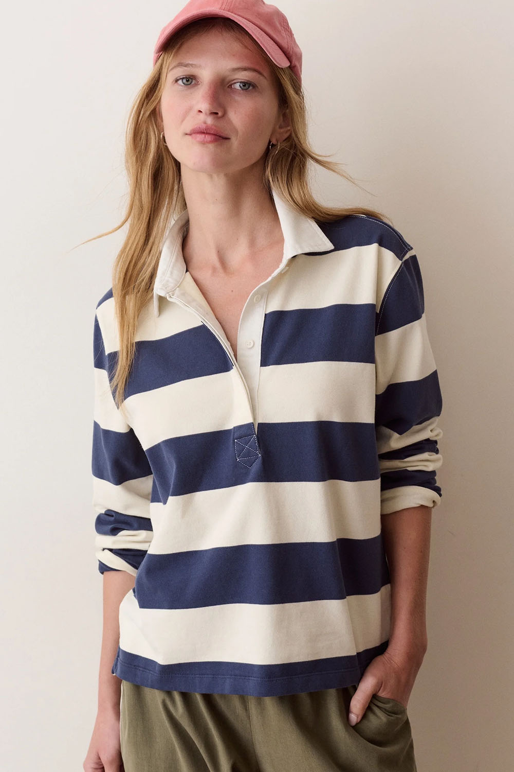 Marine Layer Dream Jersey Rugby Polo in Navy & Cream — Front view, torso crop