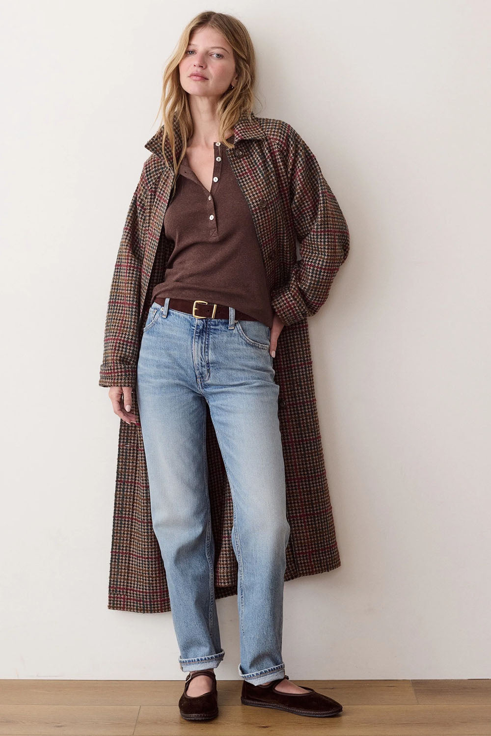 Marine Layer Hayes Houndstooth Trench in Neutral Mini Herringbone — Front view