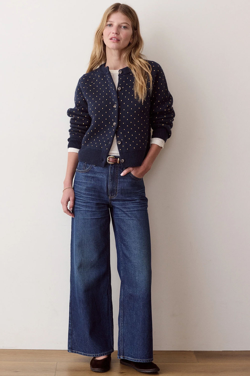 Marine Layer Iris Crewneck Cardigan in Navy & Gold — Front view