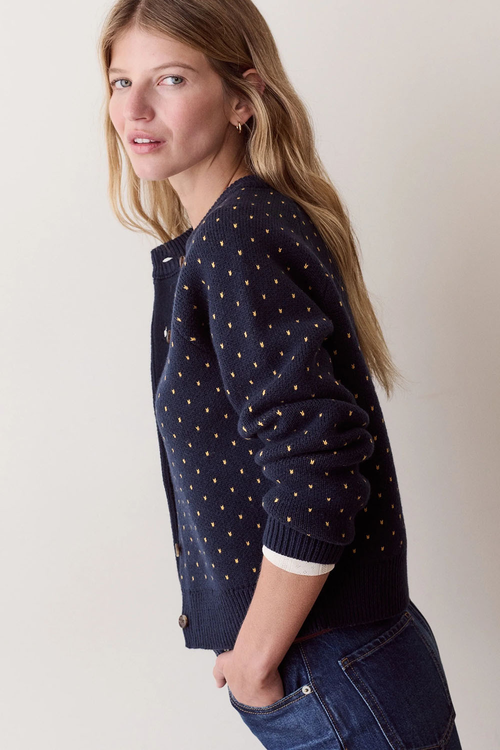Marine Layer Iris Crewneck Cardigan in Navy & Gold — Side view