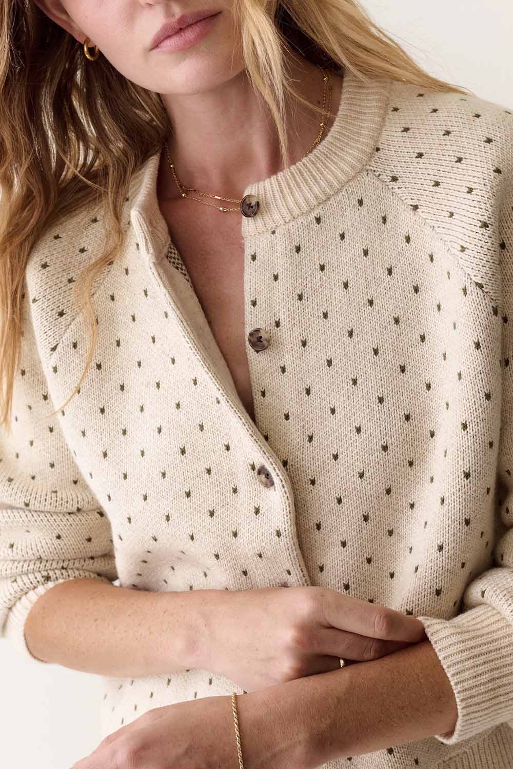Marine Layer Iris Crewneck Cardigan in Oatmeal & Olive — Neckline detail view