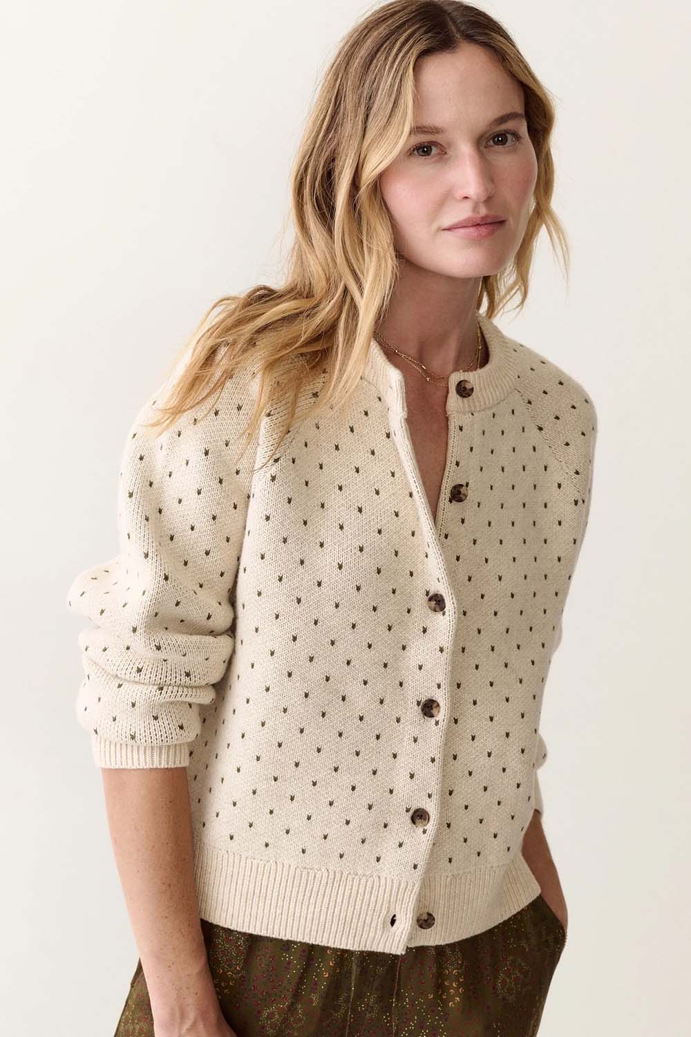 Marine Layer Iris Crewneck Cardigan in Oatmeal & Olive — Front view, ¾ turn