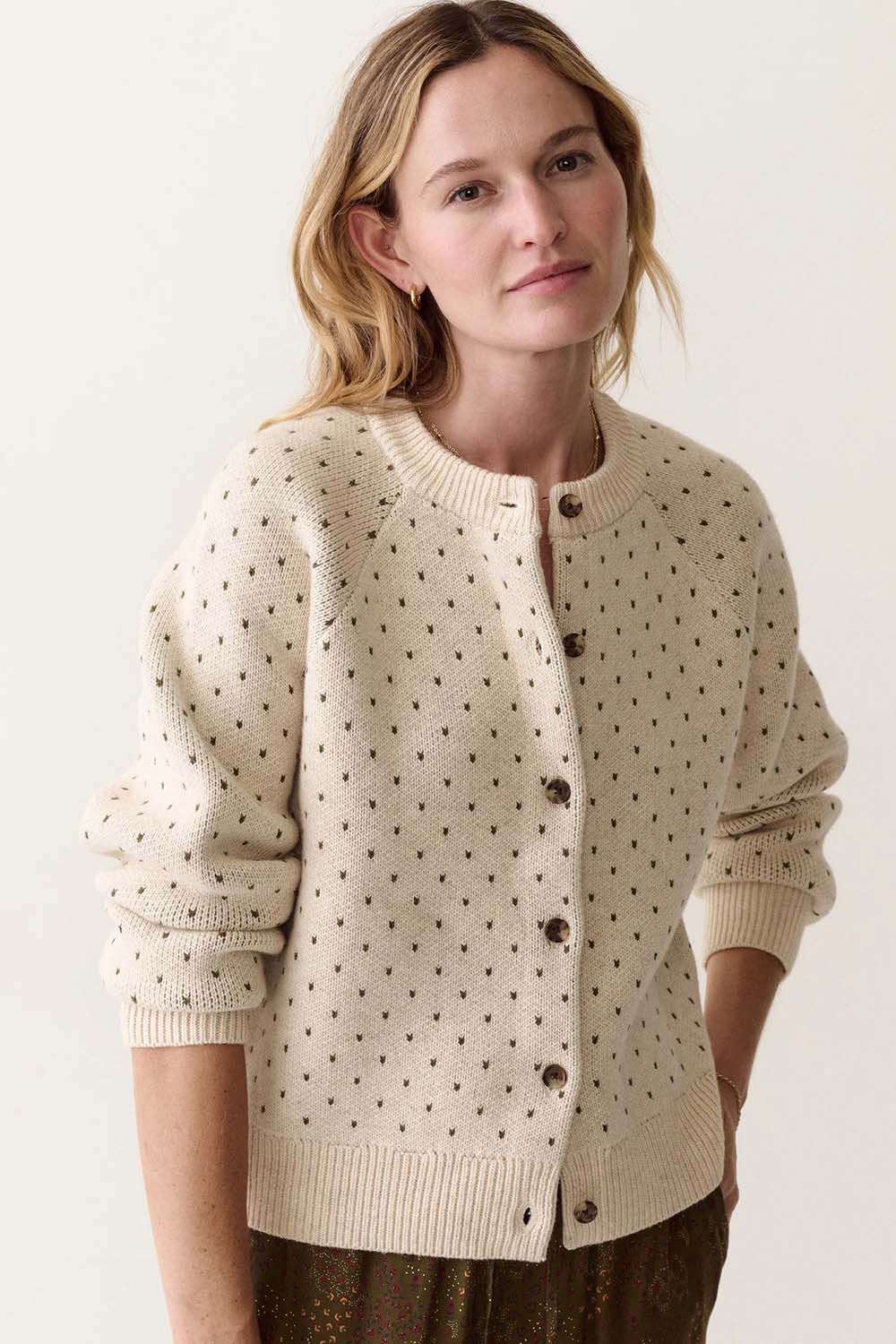 Marine Layer Iris Crewneck Cardigan in Oatmeal & Olive — Front view