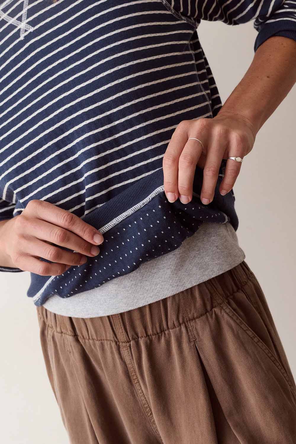 Marine Layer Juno Reversible Raglan in Twilight Stripe — Cuff detail view