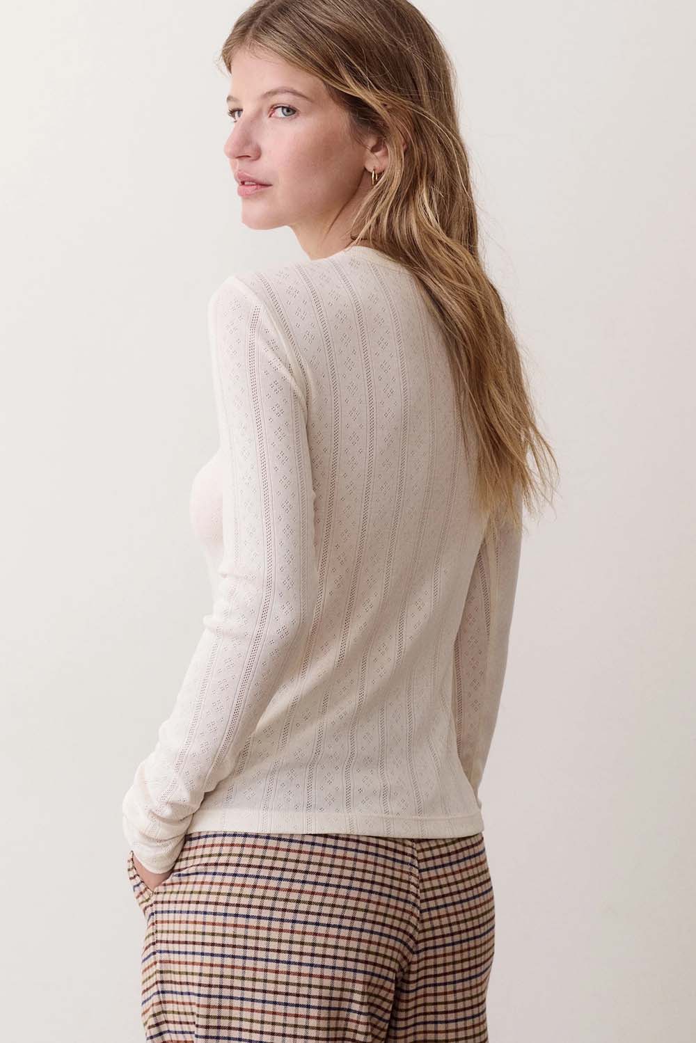 Marine Layer Lexi Pointelle Long Sleeve Henley in Antique White — Back view