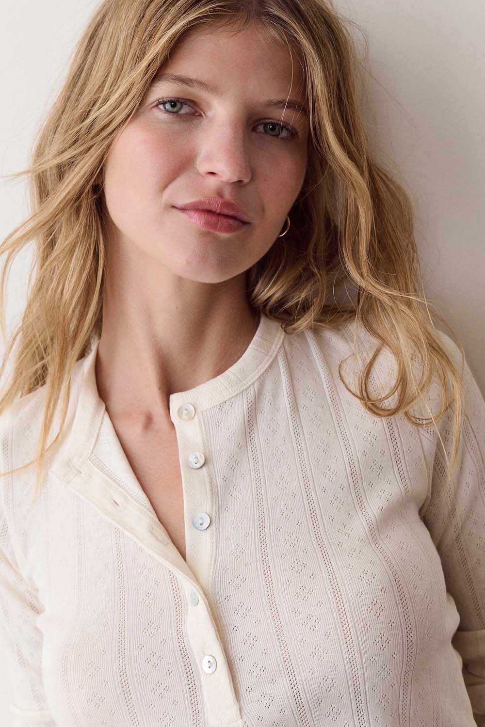 Marine Layer Lexi Pointelle Long Sleeve Henley in Antique White — Placket detail view