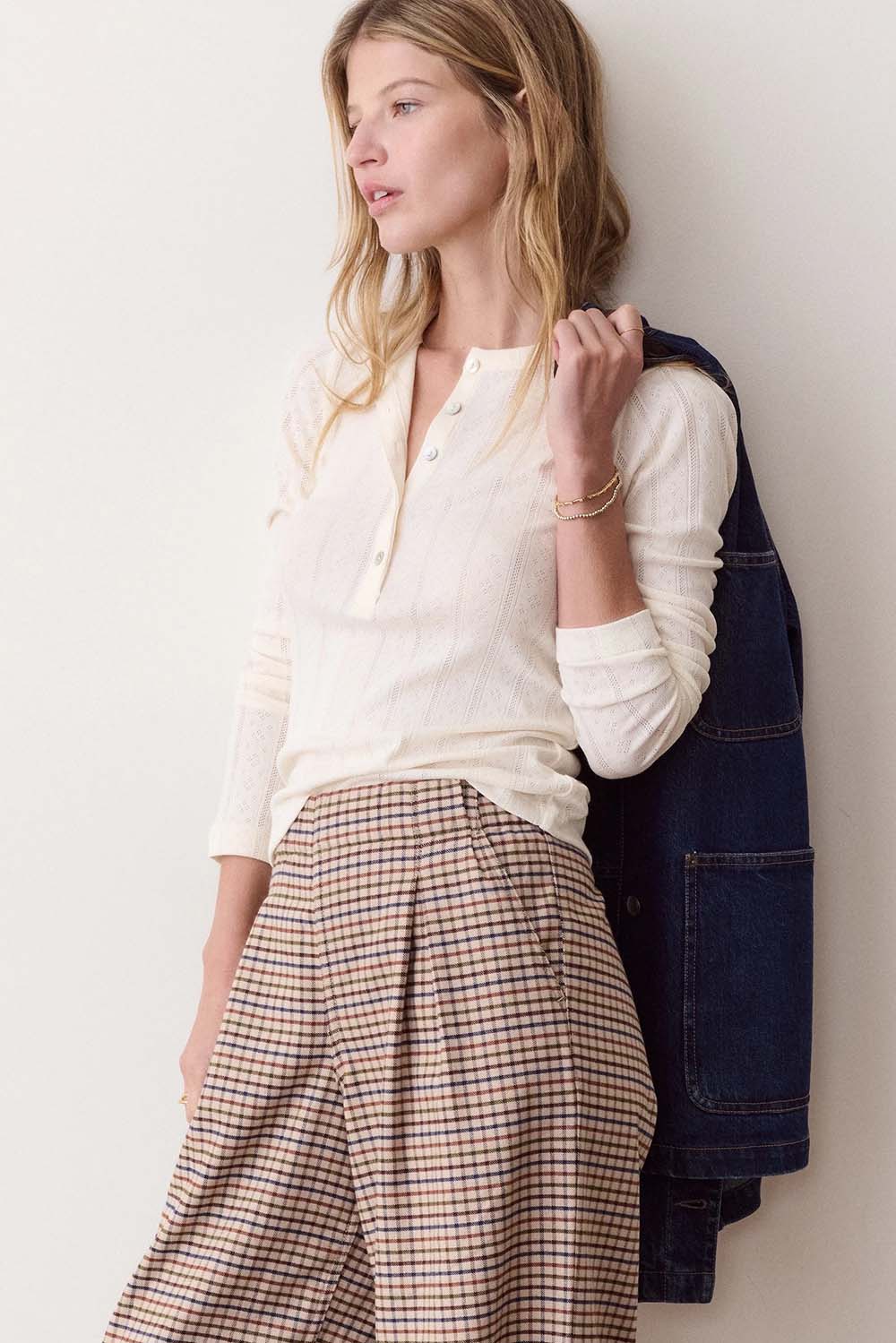 Marine Layer Lexi Pointelle Long Sleeve Henley in Antique White — Front view
