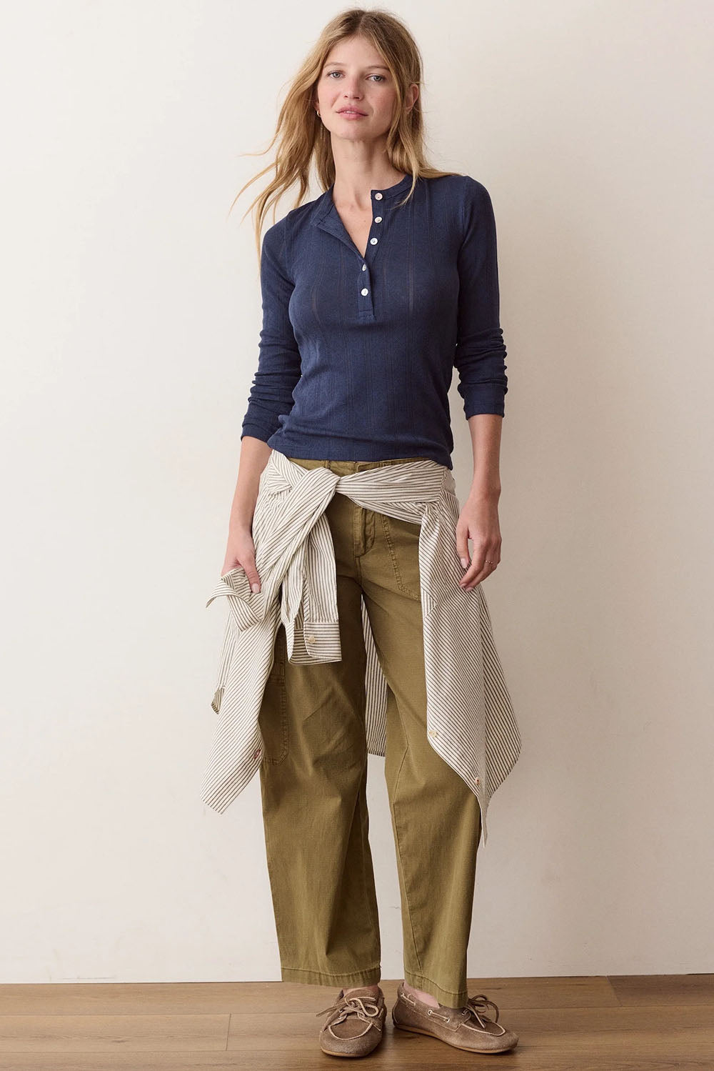 Marine Layer Lexi Pointelle Long Sleeve Henley in Navy — Full-body view
