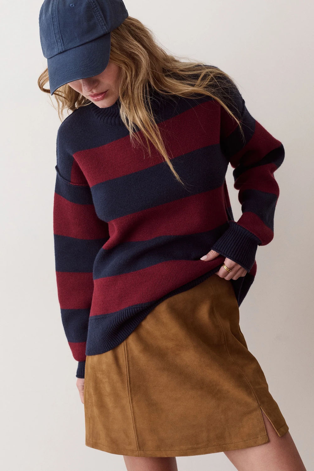 Marine Layer Maggie Funnel Neck Sweater in Cabernet & Navy Stripe — Front view