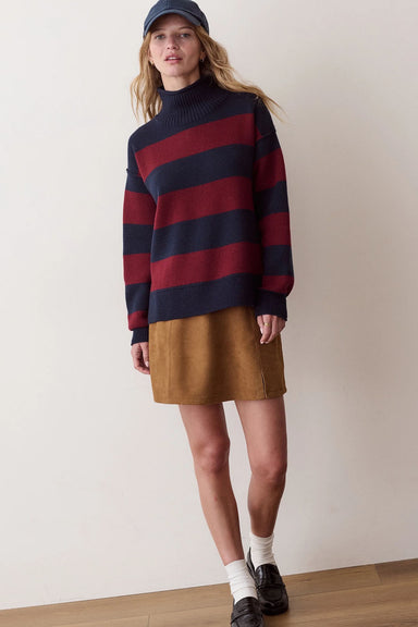 Marine Layer Maggie Funnel Neck Sweater in Cabernet & Navy Stripe — Full-body view