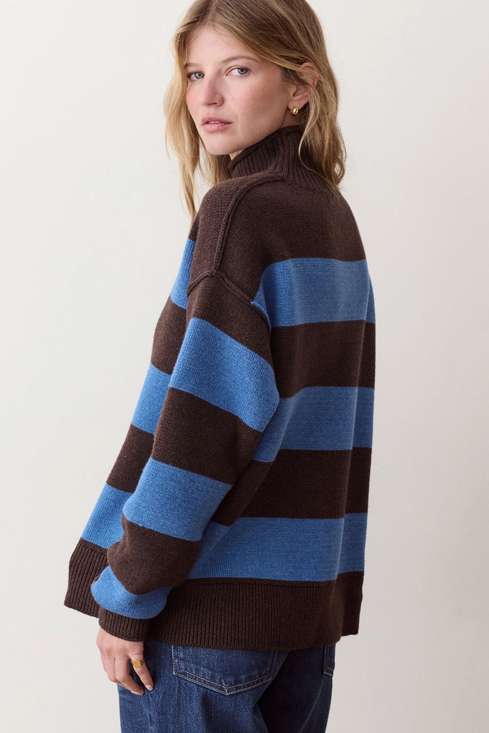 Marine Layer Maggie Funnel Neck Sweater in Chocolate & Coronet Stripe — Back view