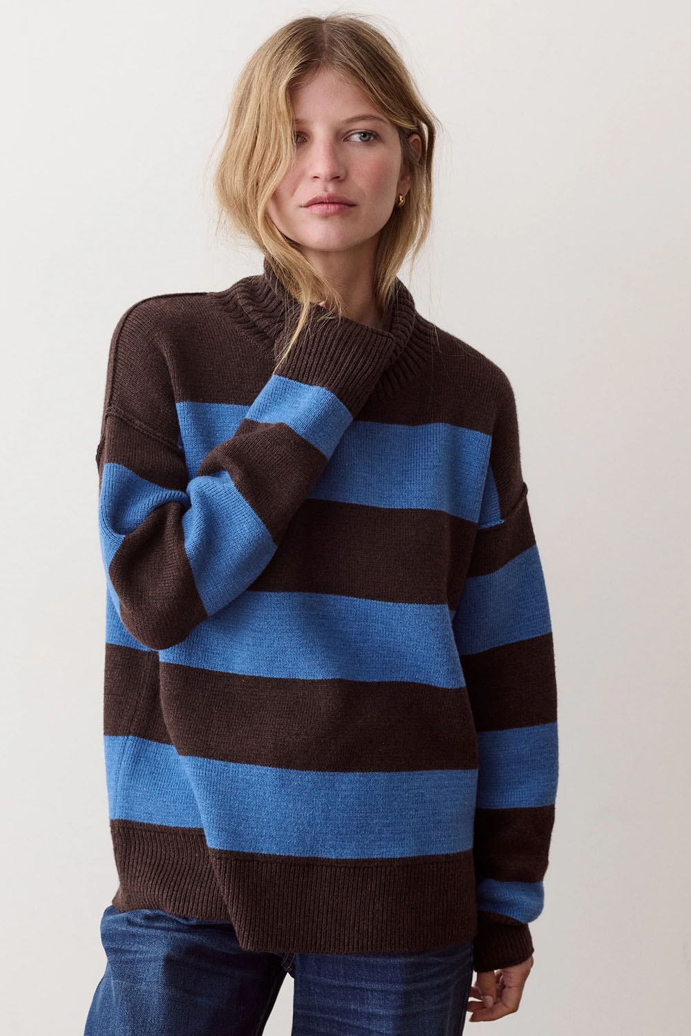 Marine Layer Maggie Funnel Neck Sweater in Chocolate & Coronet Stripe — Front view