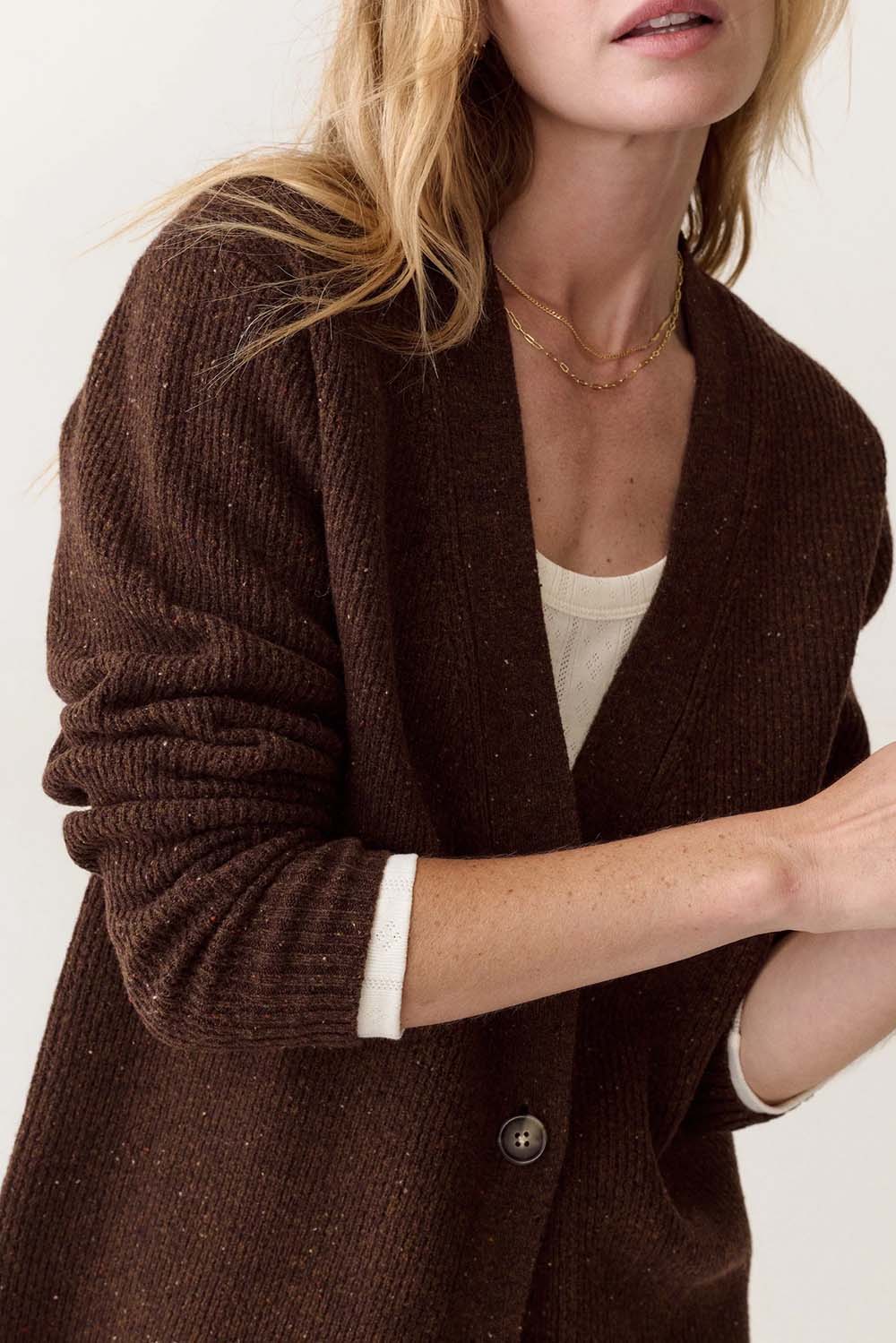 Marine Layer Merino Boyfriend Cardigan in Timber — Knit detail view