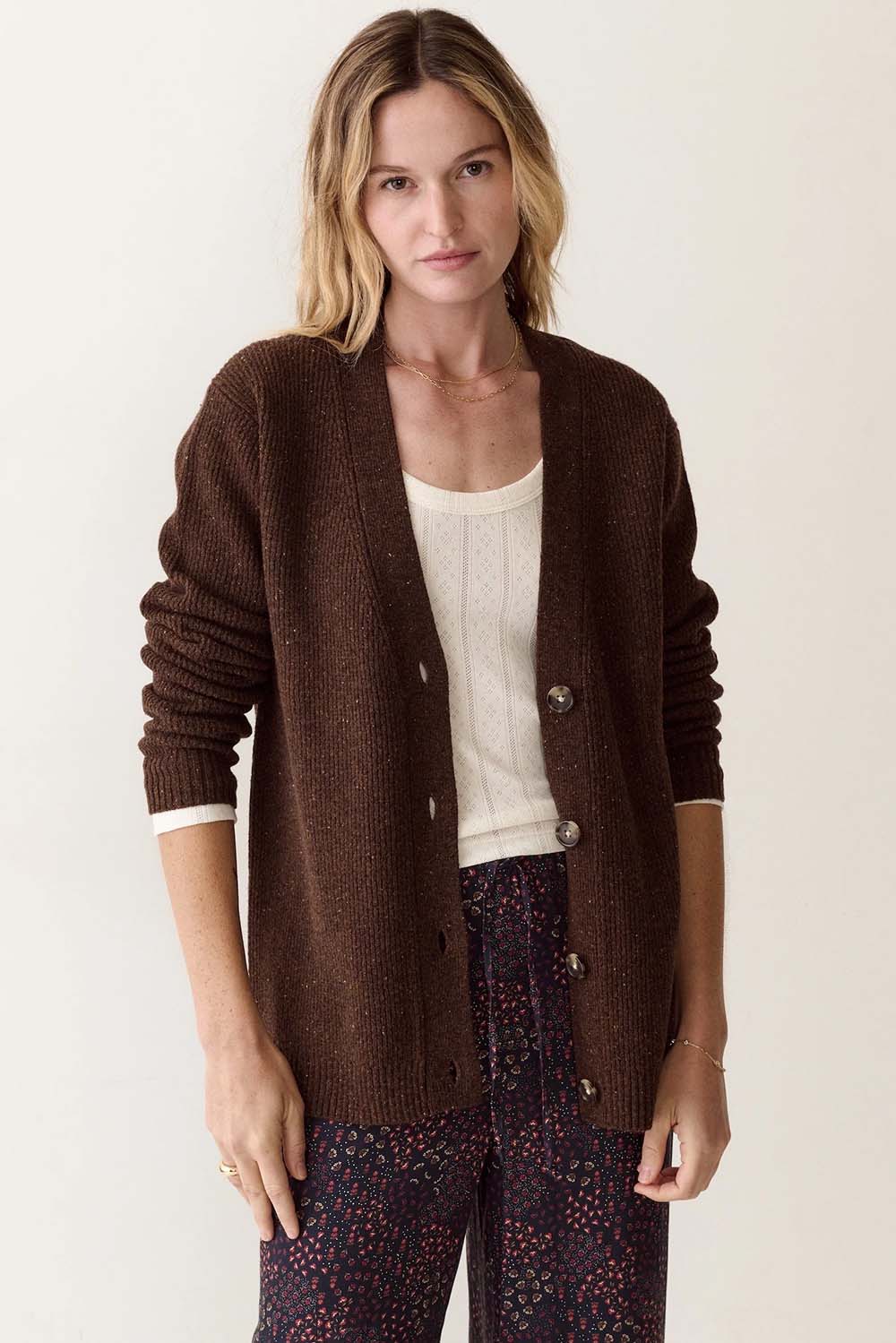Marine Layer Merino Boyfriend Cardigan in Timber — Front view