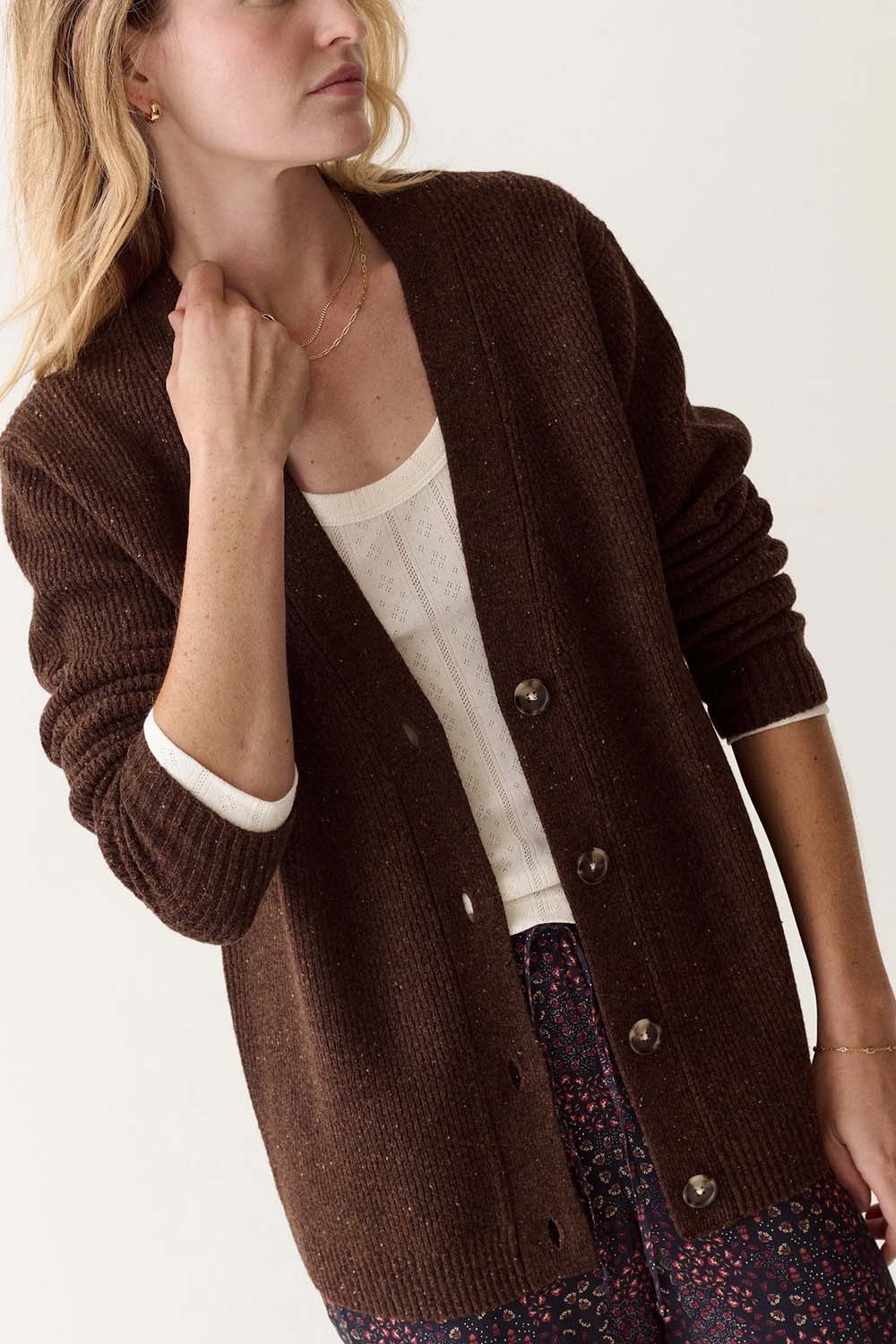 Marine Layer Merino Boyfriend Cardigan in Timber — Model view