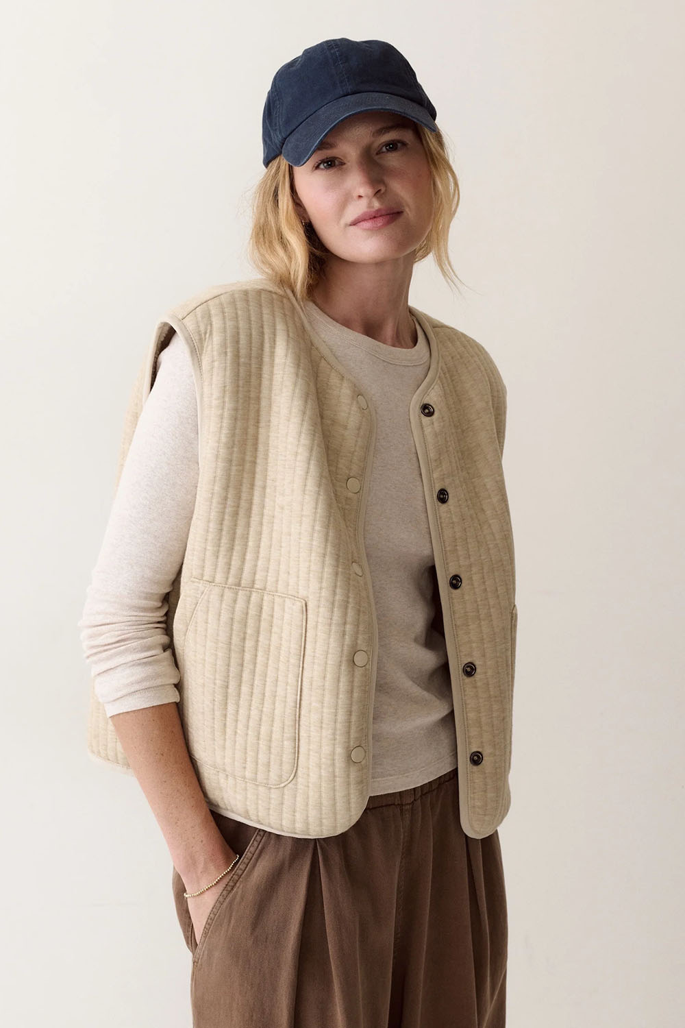 Marine Layer Mila Reversible Sherpa Vest in Oatmeal — Front view, reverse side