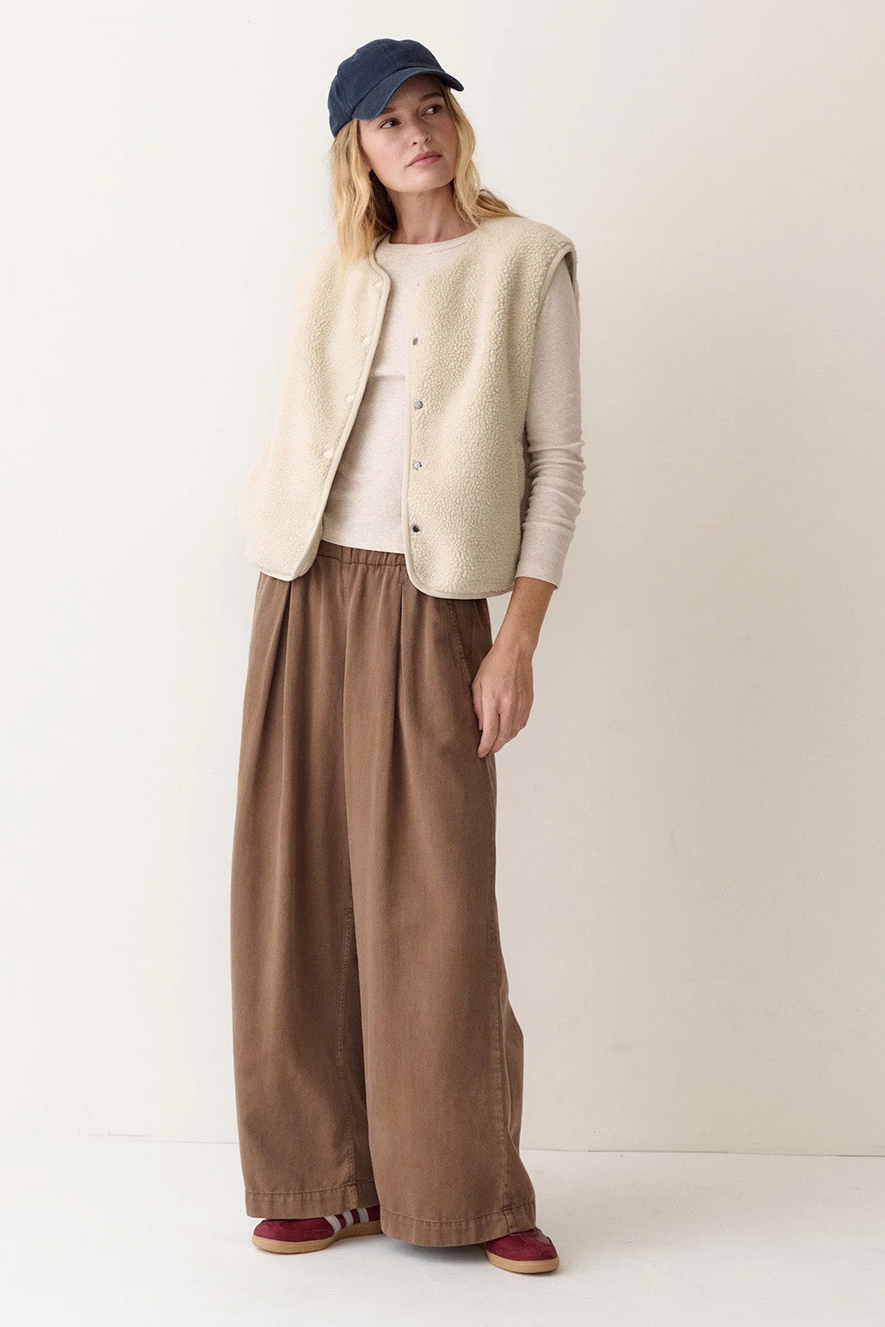 Marine Layer Mila Reversible Sherpa Vest in Oatmeal — Full-body view