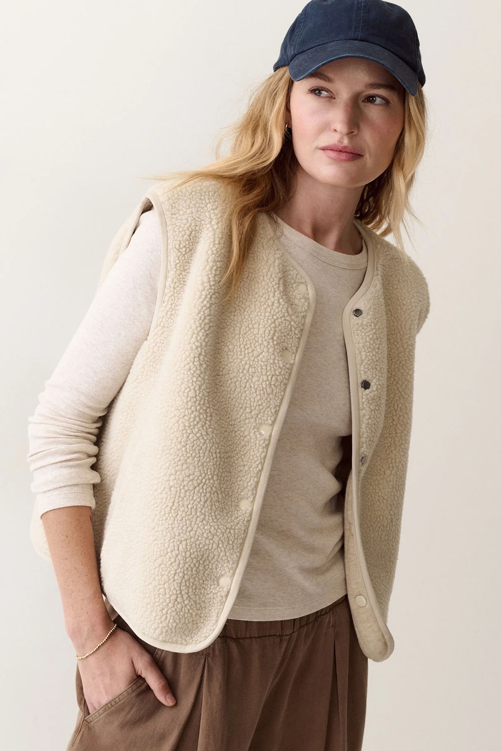 Marine Layer Mila Reversible Sherpa Vest in Oatmeal — Quarter view, sherpa side