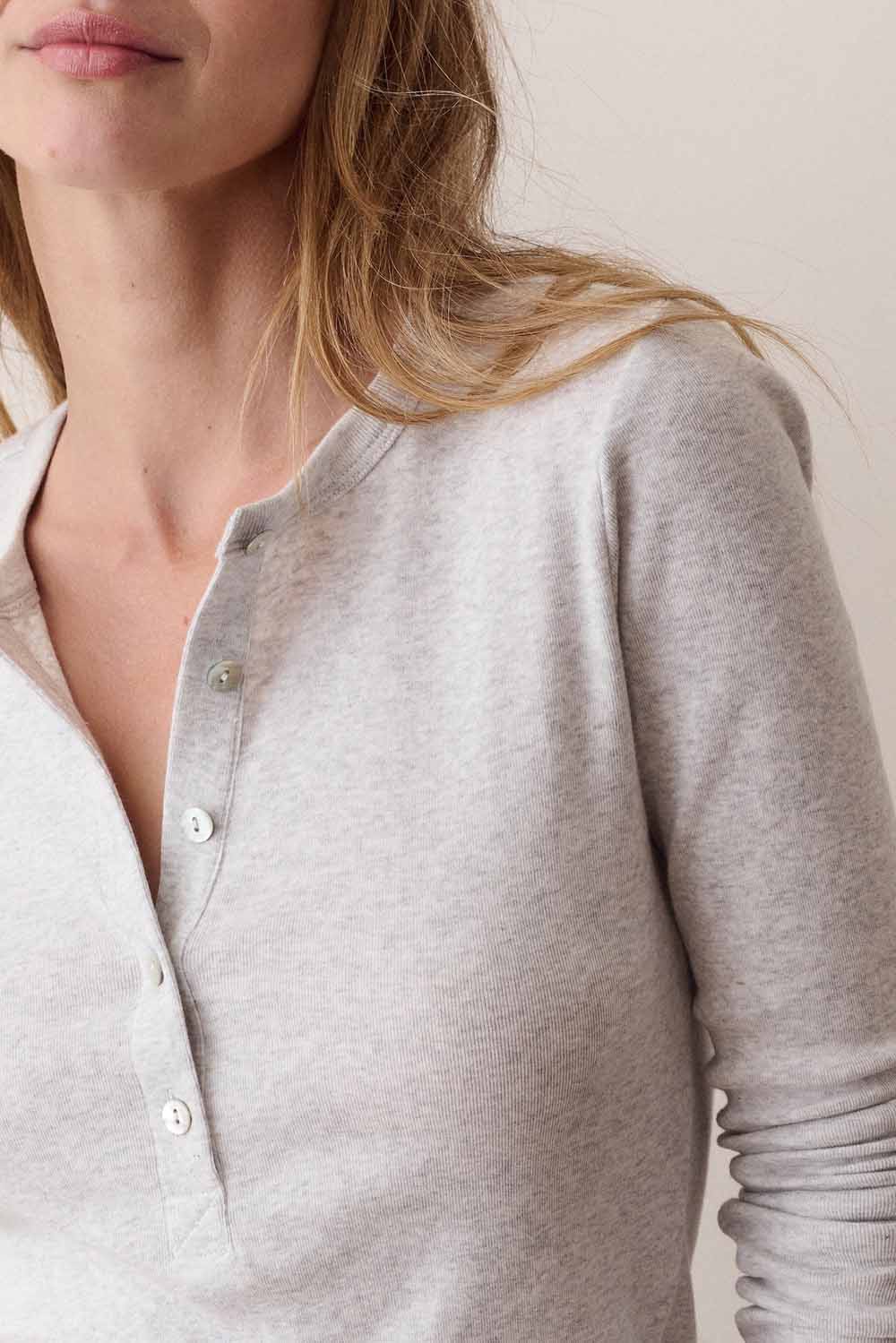 Marine Layer Mini Rib Henley in Heather Grey — Placket detail view