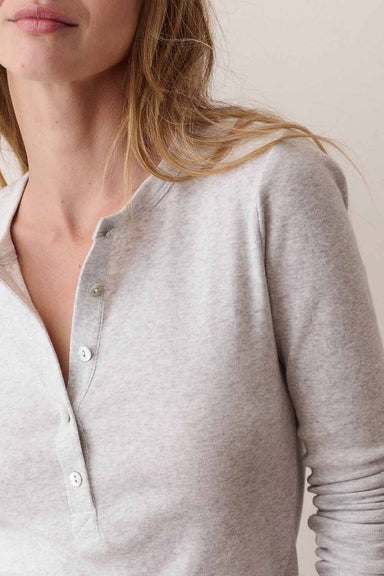 Marine Layer Mini Rib Henley in Heather Grey — Placket detail view