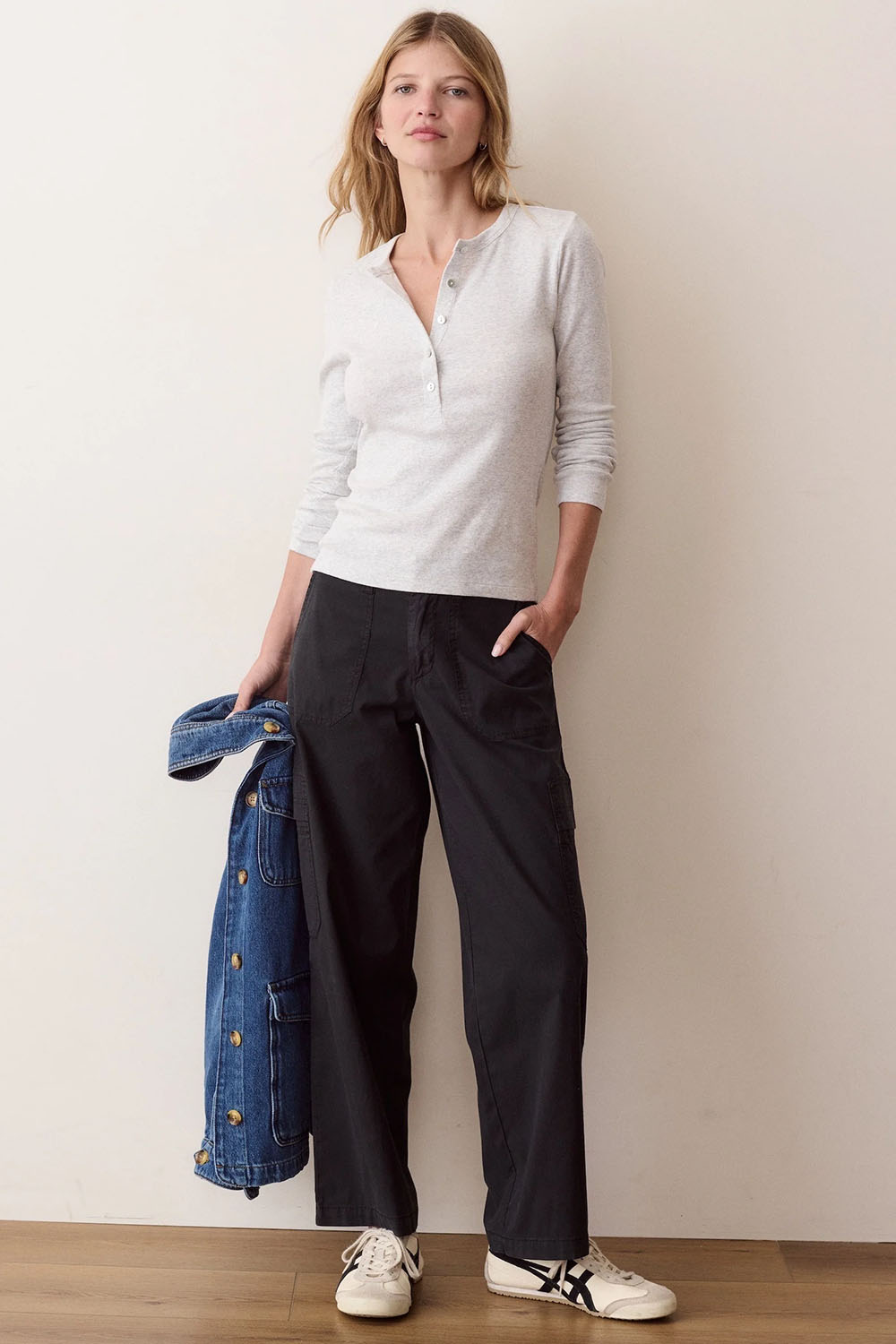 Marine Layer Mini Rib Henley in Heather Grey — Full-body view