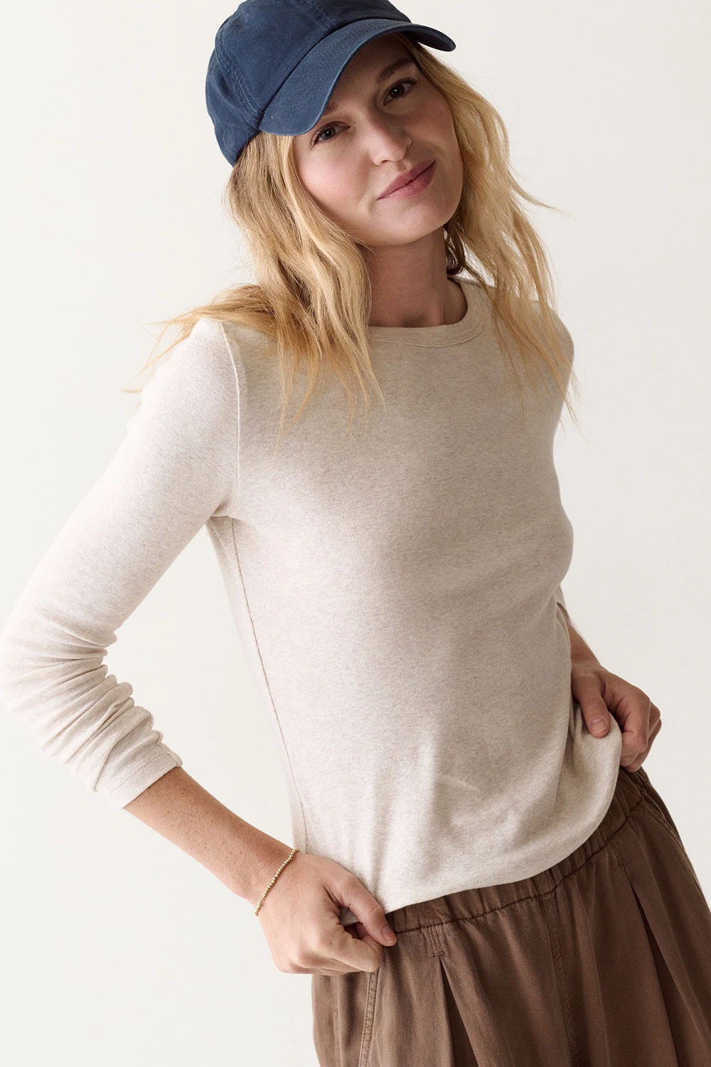 Marine Layer Mini Rib LS Crew Tee in Oatmeal — Front view
