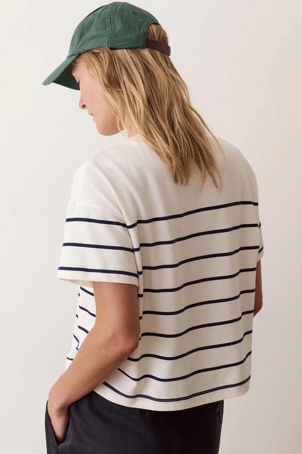 Marine Layer Miracle Jersey Crew Tee in Antique White & Navy Stripe — Back view