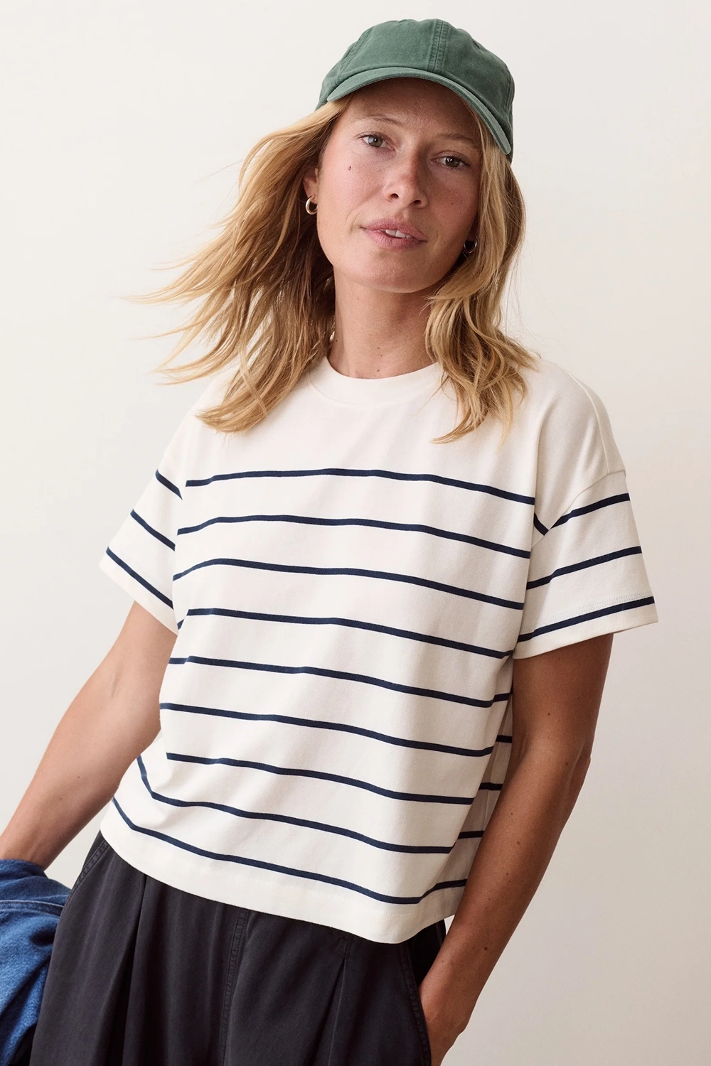 Marine Layer Miracle Jersey Crew Tee in Antique White & Navy Stripe — Front view