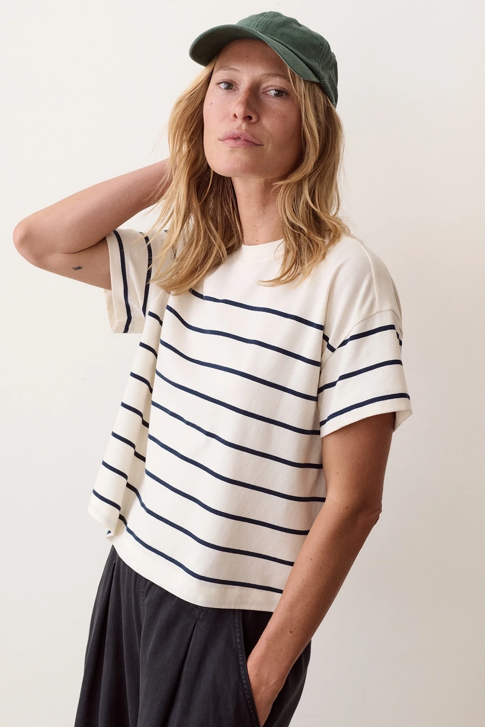 Marine Layer Miracle Jersey Crew Tee in Antique White & Navy Stripe — Side view
