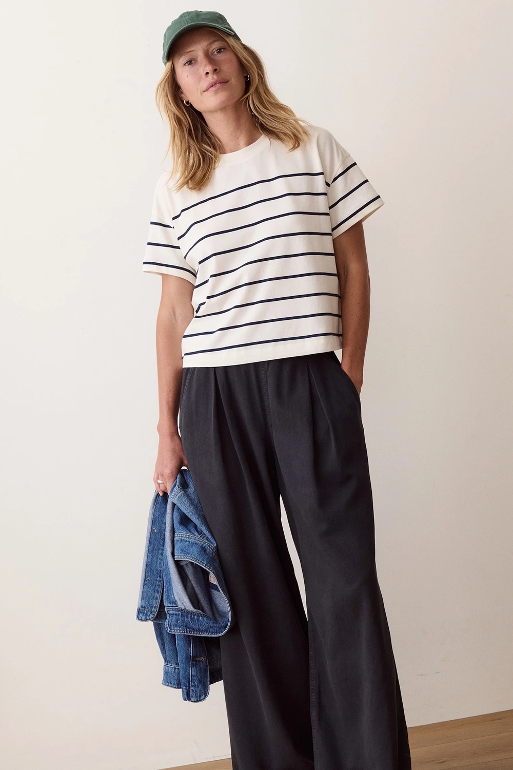 Marine Layer Miracle Jersey Crew Tee in Antique White & Navy Stripe — Styled view