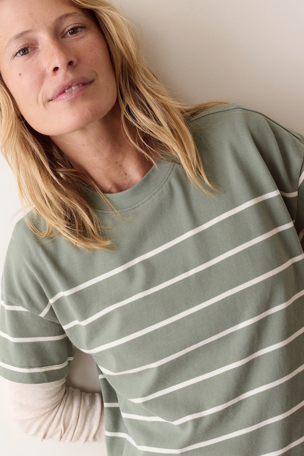 Marine Layer Miracle Jersey Crew Tee in Sage & White Stripe — Detail view