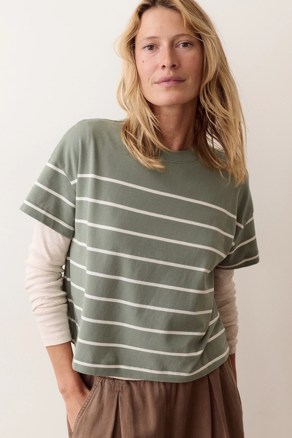 Marine Layer Miracle Jersey Crew Tee in Sage & White Stripe — Front view
