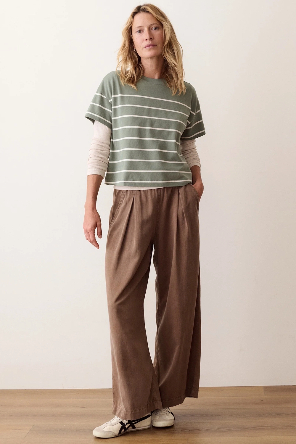 Marine Layer Miracle Jersey Crew Tee in Sage & White Stripe — Styled view