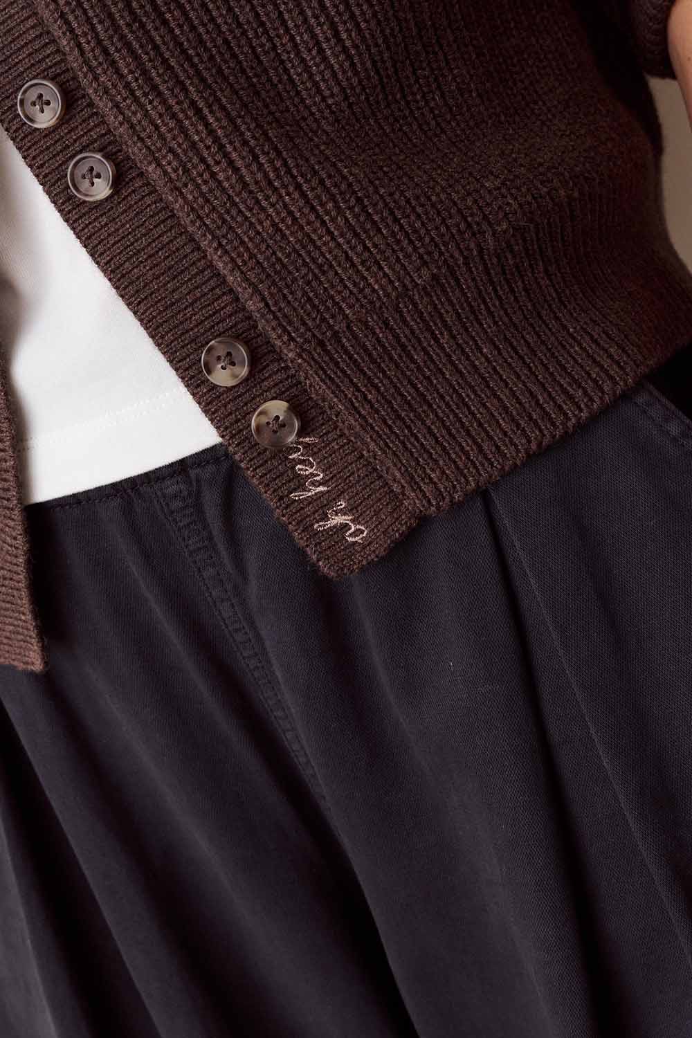 Marine Layer Parker Collared Cardigan in Chocolate — Button detail view