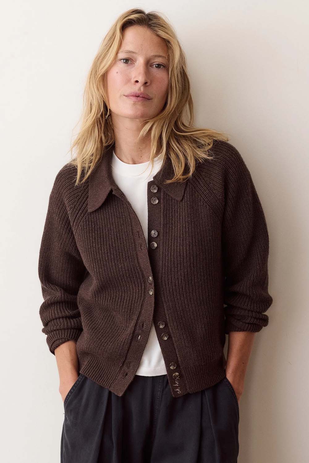 Marine Layer Parker Collared Cardigan in Chocolate — Front view