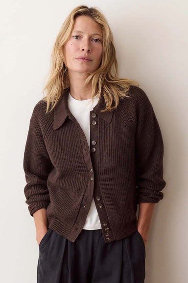 Marine Layer Parker Collared Cardigan in Chocolate — Front view
