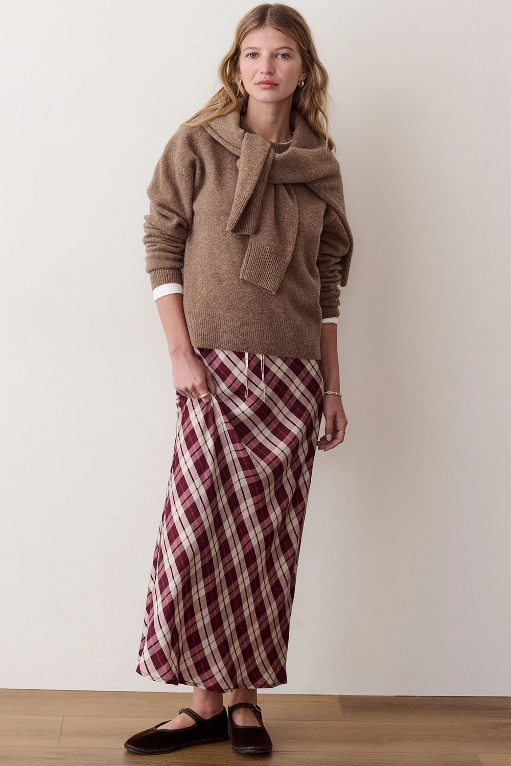 Marine Layer Silvia Maxi Skirt in Warm Plaid — Full-body view