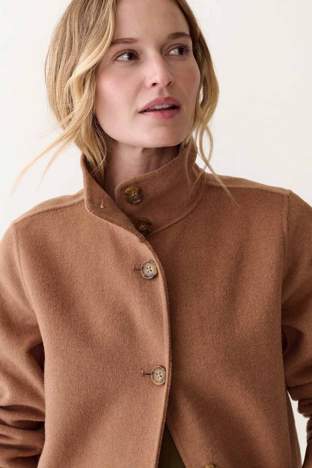 Marine Layer Stephanie Cocoon Coat in Camel — Collar detail view