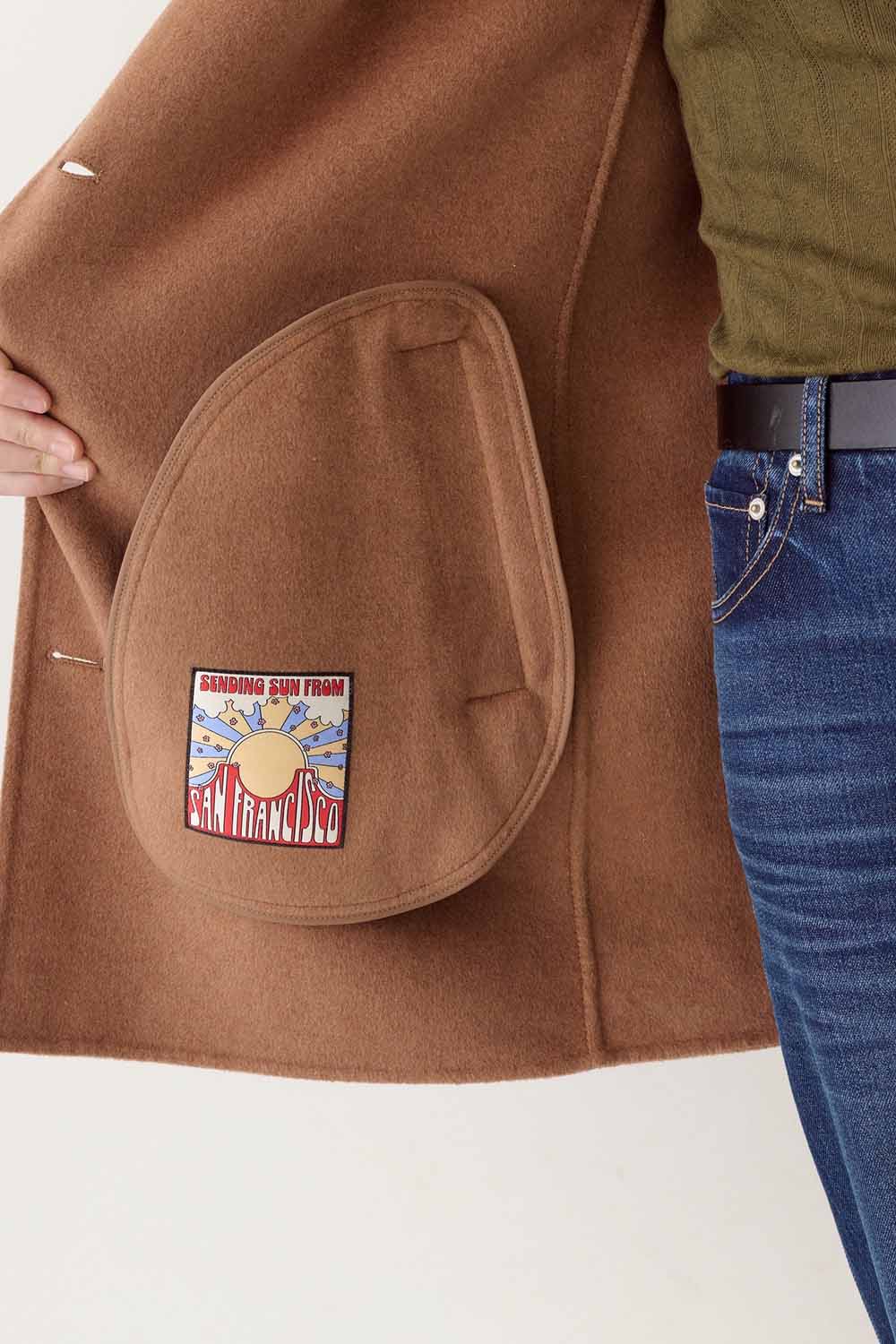 Marine Layer Stephanie Cocoon Coat in Camel — Pocket detail view