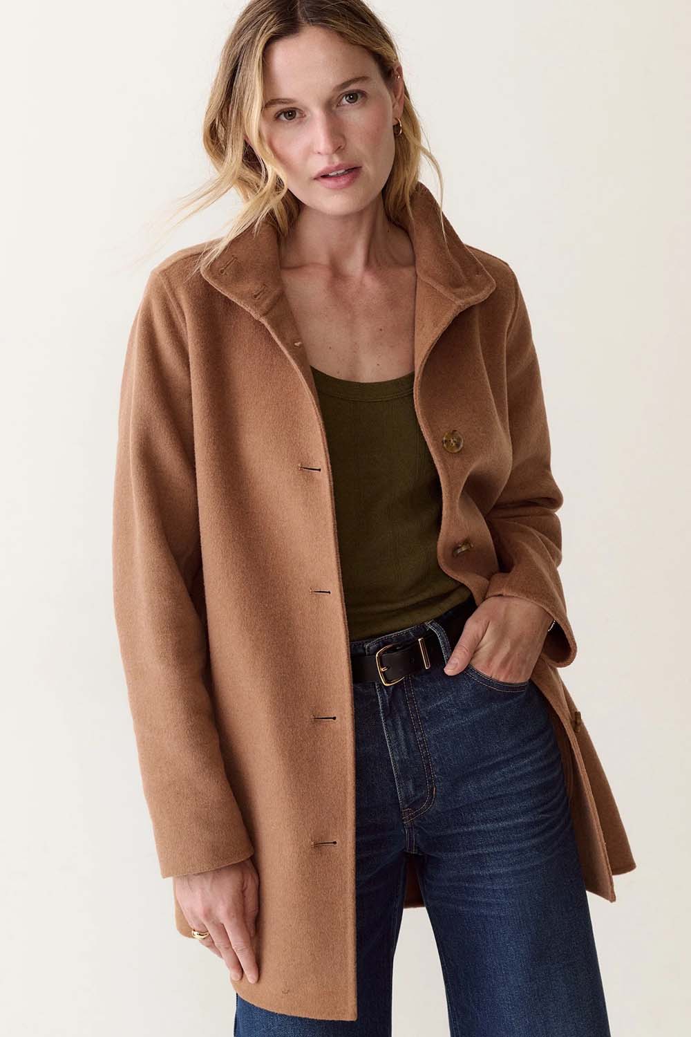 Marine Layer Stephanie Cocoon Coat in Camel — Front view