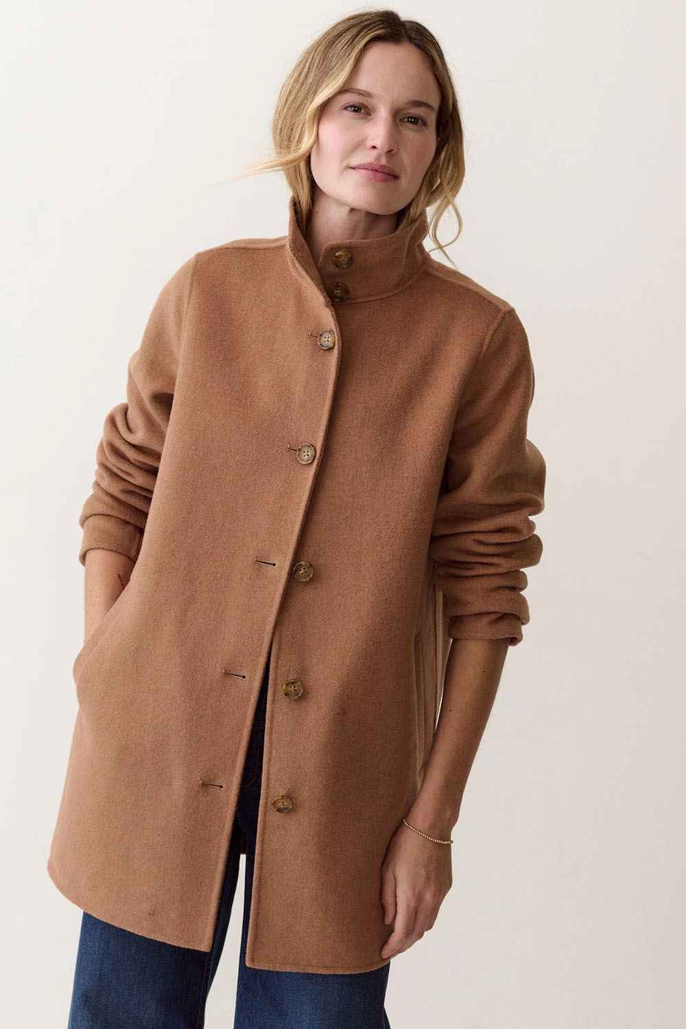 Marine Layer Stephanie Cocoon Coat in Camel — Model view