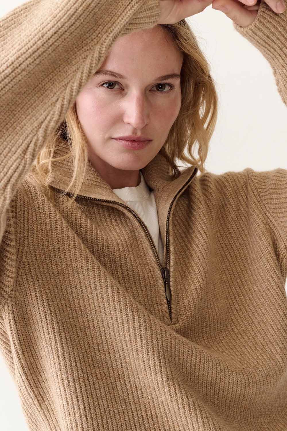 Marine Layer Sweater Quarter Zip in Camel — Collar detail view