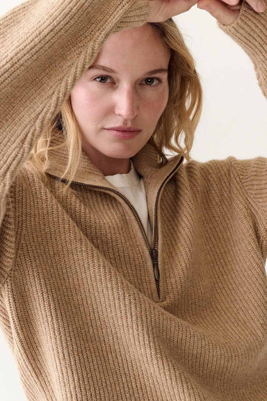 Marine Layer Sweater Quarter Zip in Camel — Collar detail view