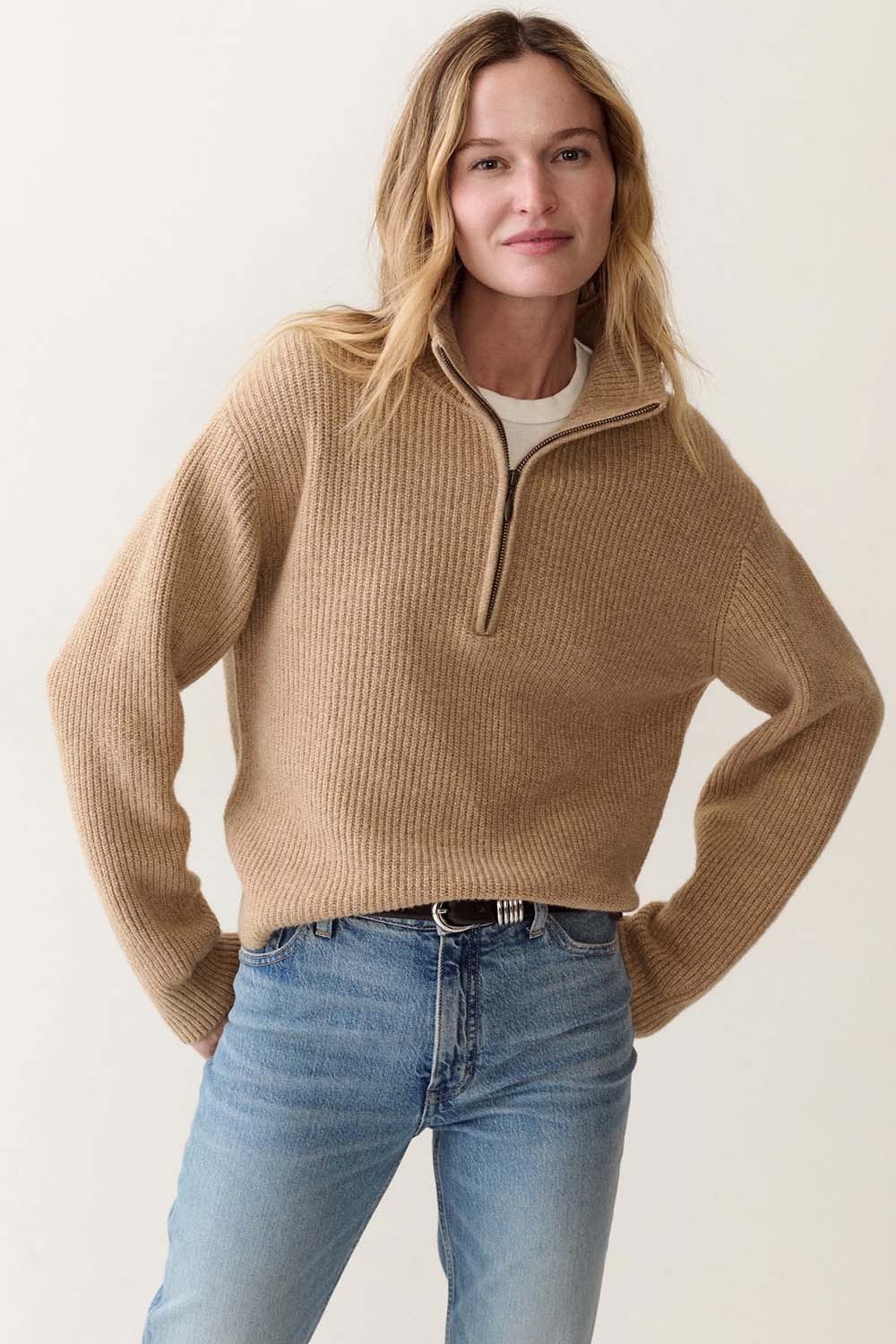 Marine Layer Sweater Quarter Zip in Camel — Front view