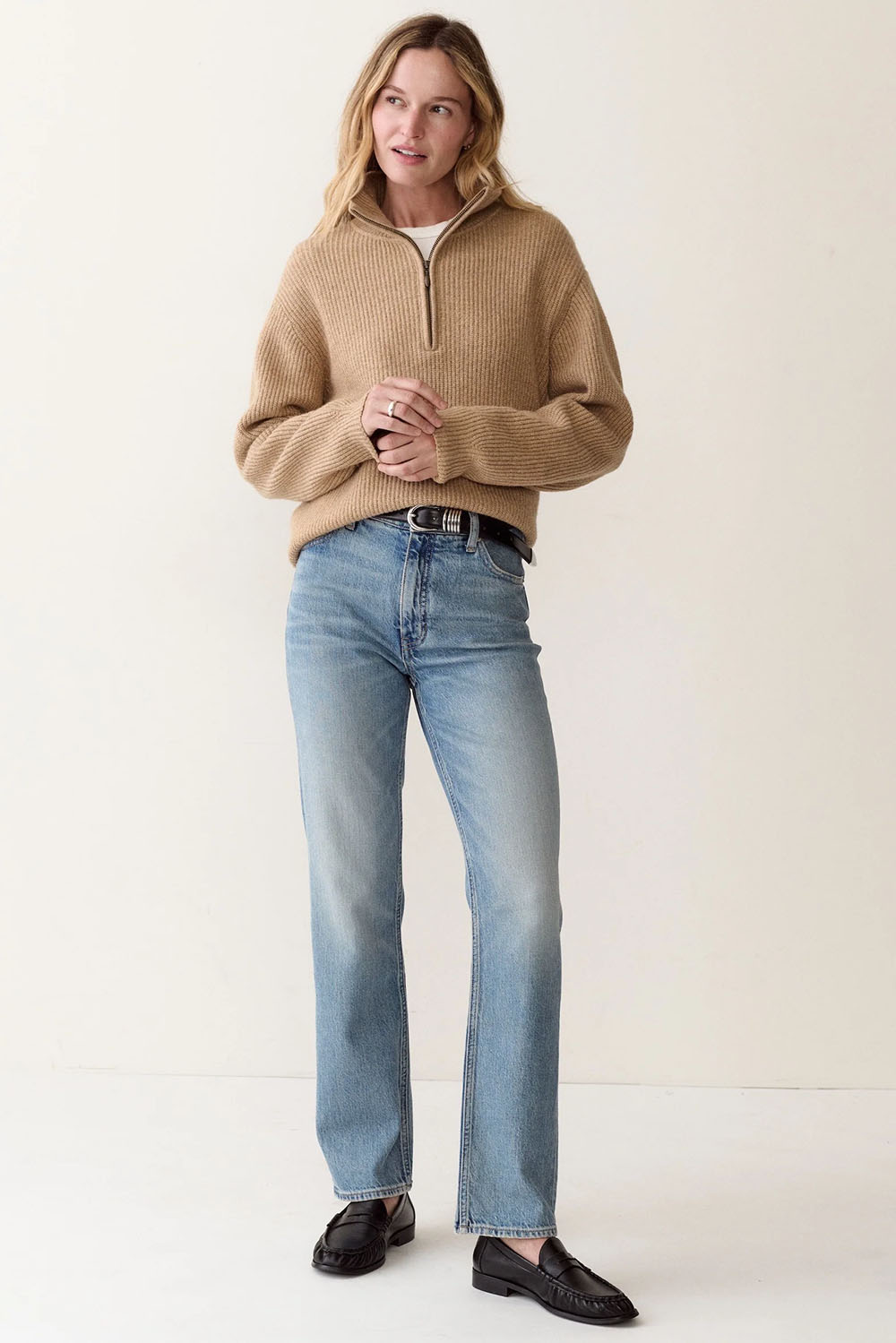 Marine Layer Sweater Quarter Zip in Camel — Full-body view