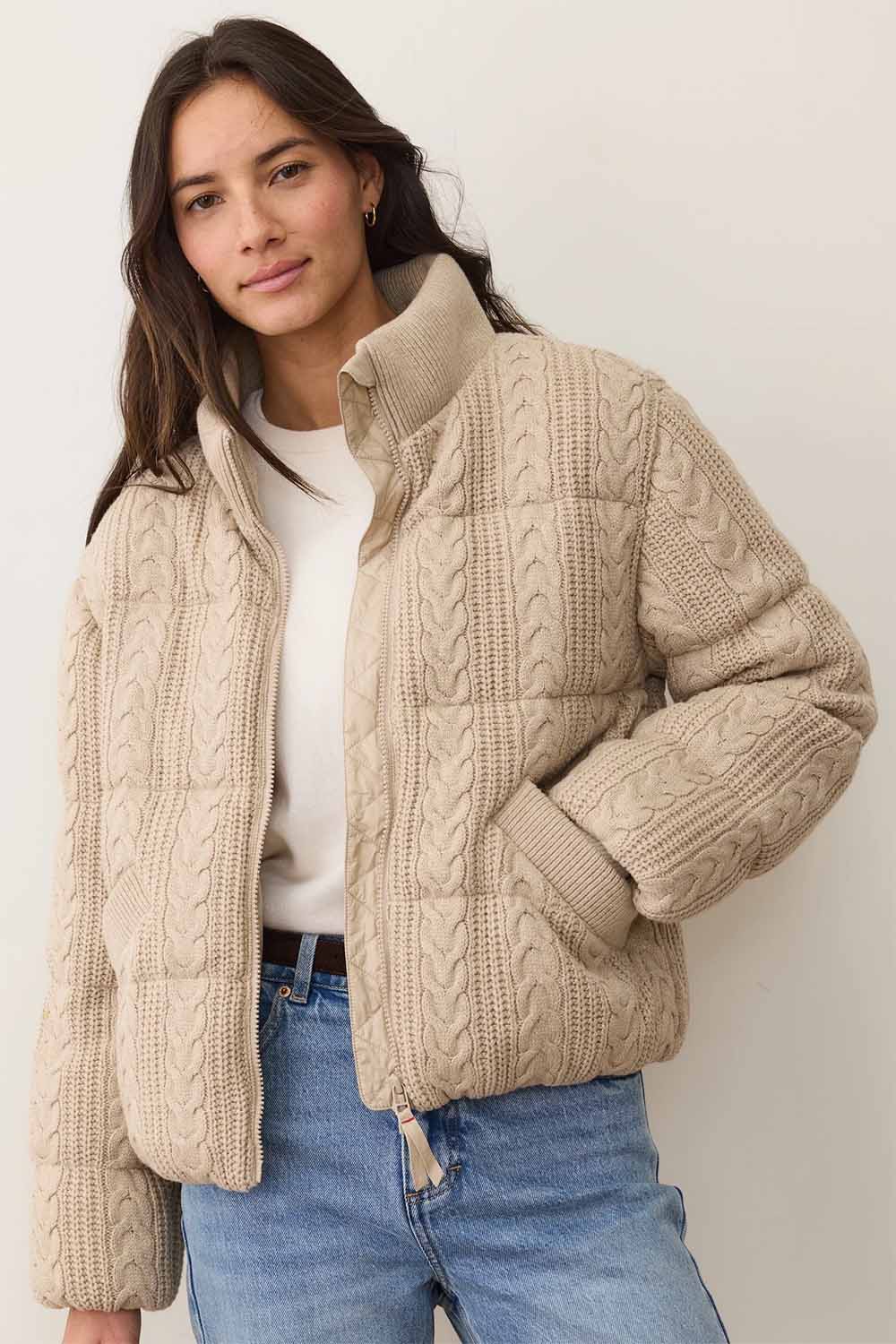 marine layer alba puffer jacket warm taupe  profile